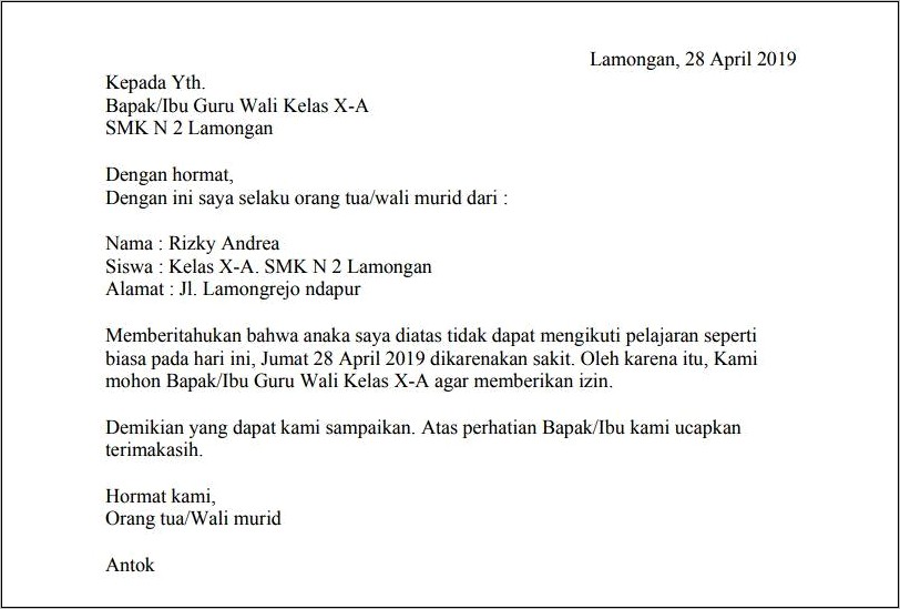 Contoh Surat Izin Sakit Beberapa Hari