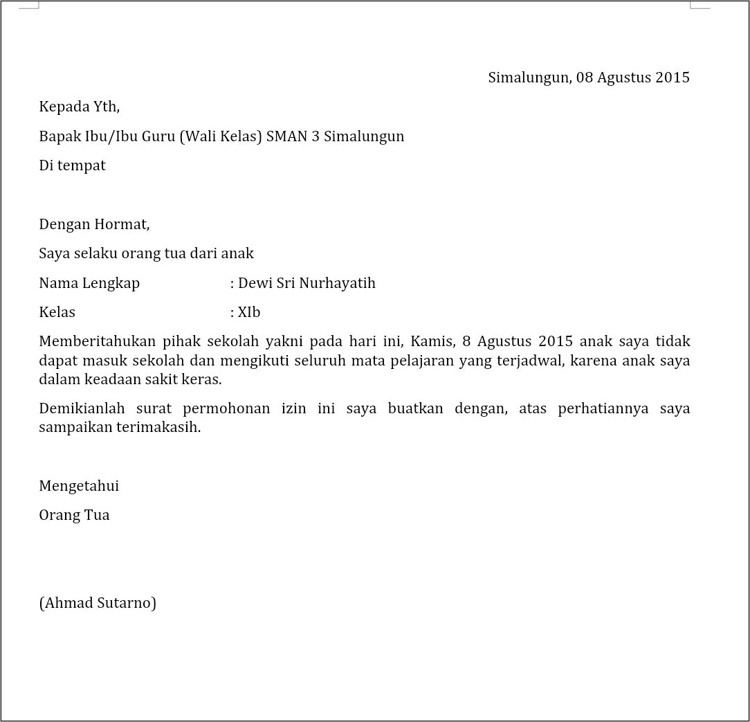 Contoh Surat Izin Sakit Dalam Bahasa Inggris Dan Terjemahannya