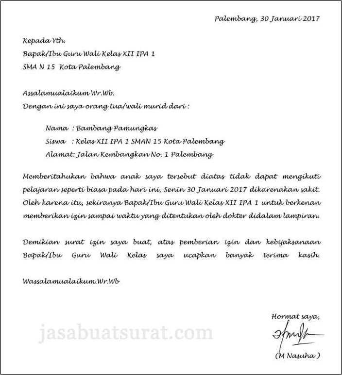 Contoh Surat Izin Sakit Tidak Masuk Sekolah Bahasa Inggris