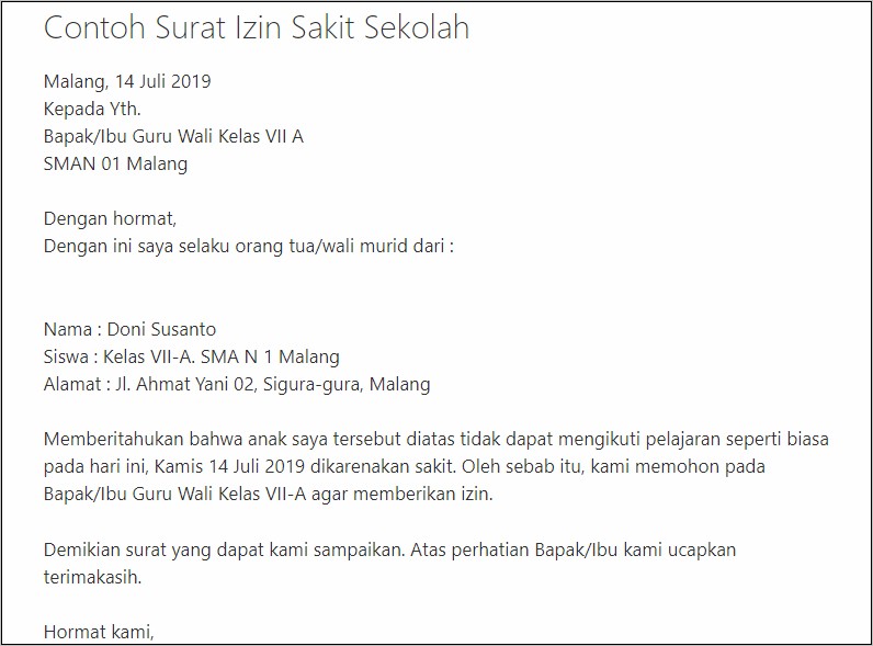 Contoh Surat Izin Sakit Tidak Sekolah Dalam Bahasa Inggris