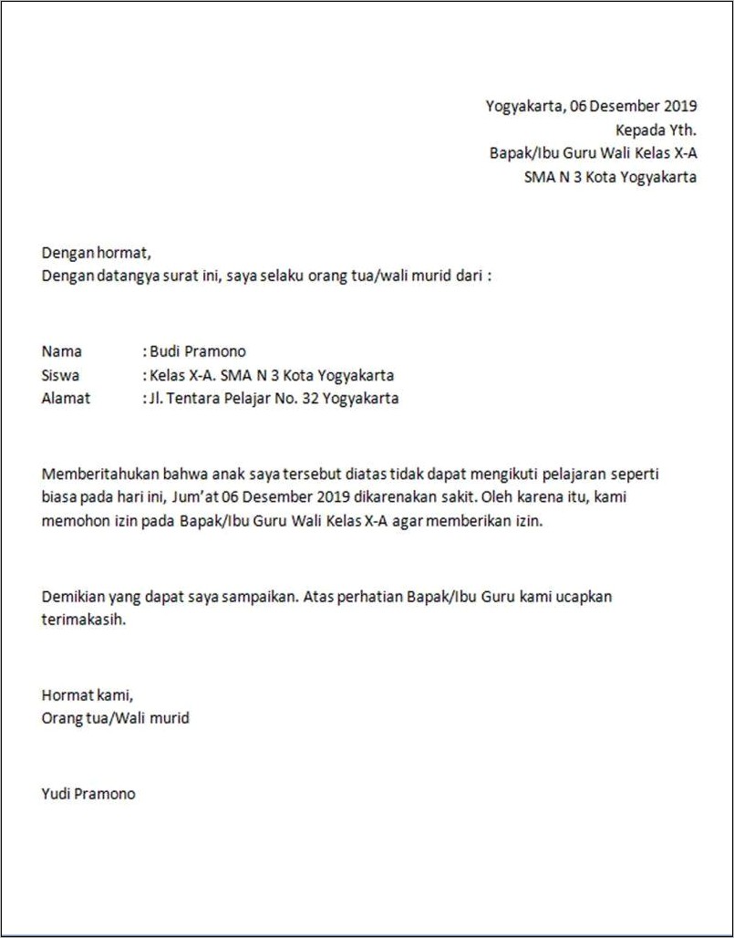 Contoh Surat Izin Sakit Untuk Ke Sekolah