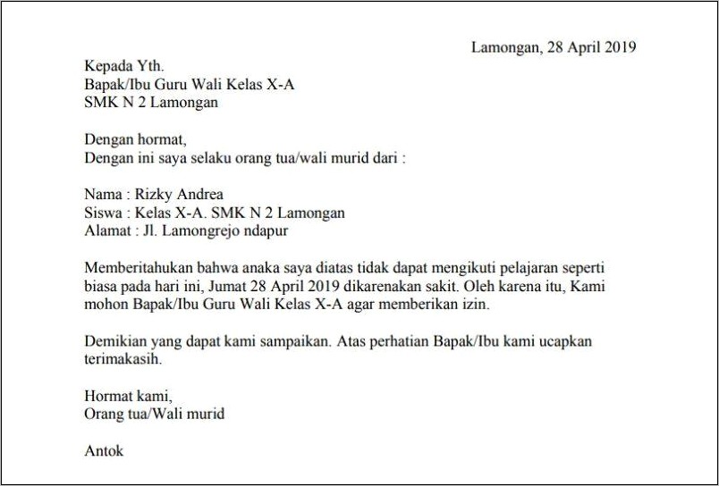 Contoh Surat Izin Sakit Untuk Sekolah Yg Benar