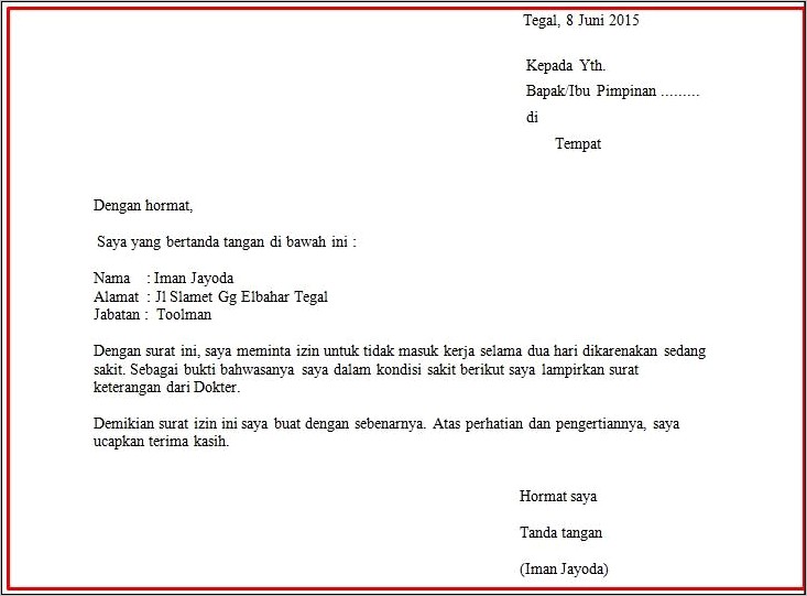 Contoh Surat Izin Sekolah Karena Sakit Bahasa Inggris