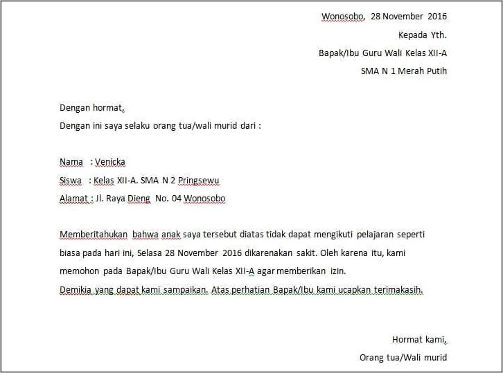 Contoh Surat Izin Sekolah Karena Sakit Untuk Sd