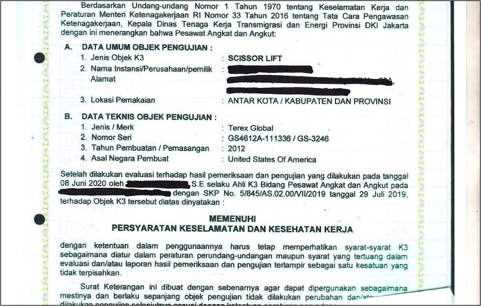 Contoh Surat Izin Sementara Pemakaian Lift Oleh Depnaker