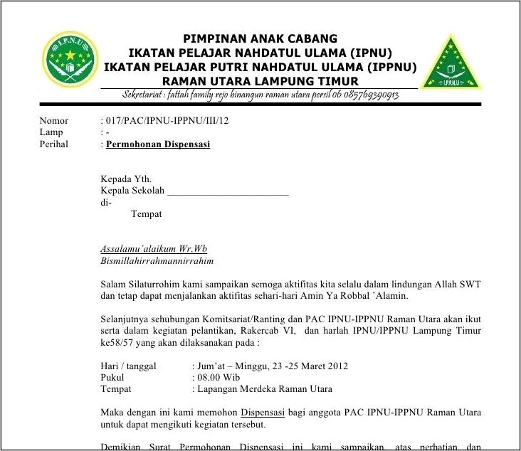 Contoh Surat Izin Tempat Acara Kegiatan Ipnu