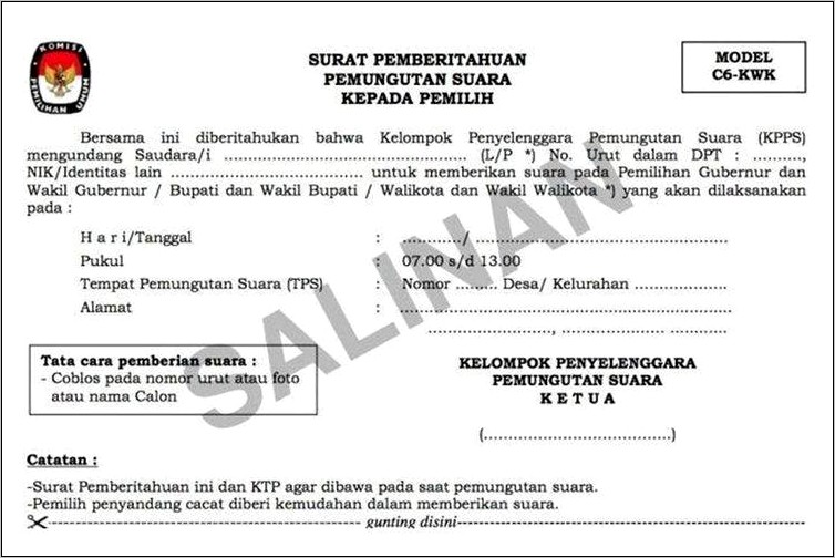 Contoh Surat Izin Tempat Pemungutan Suara