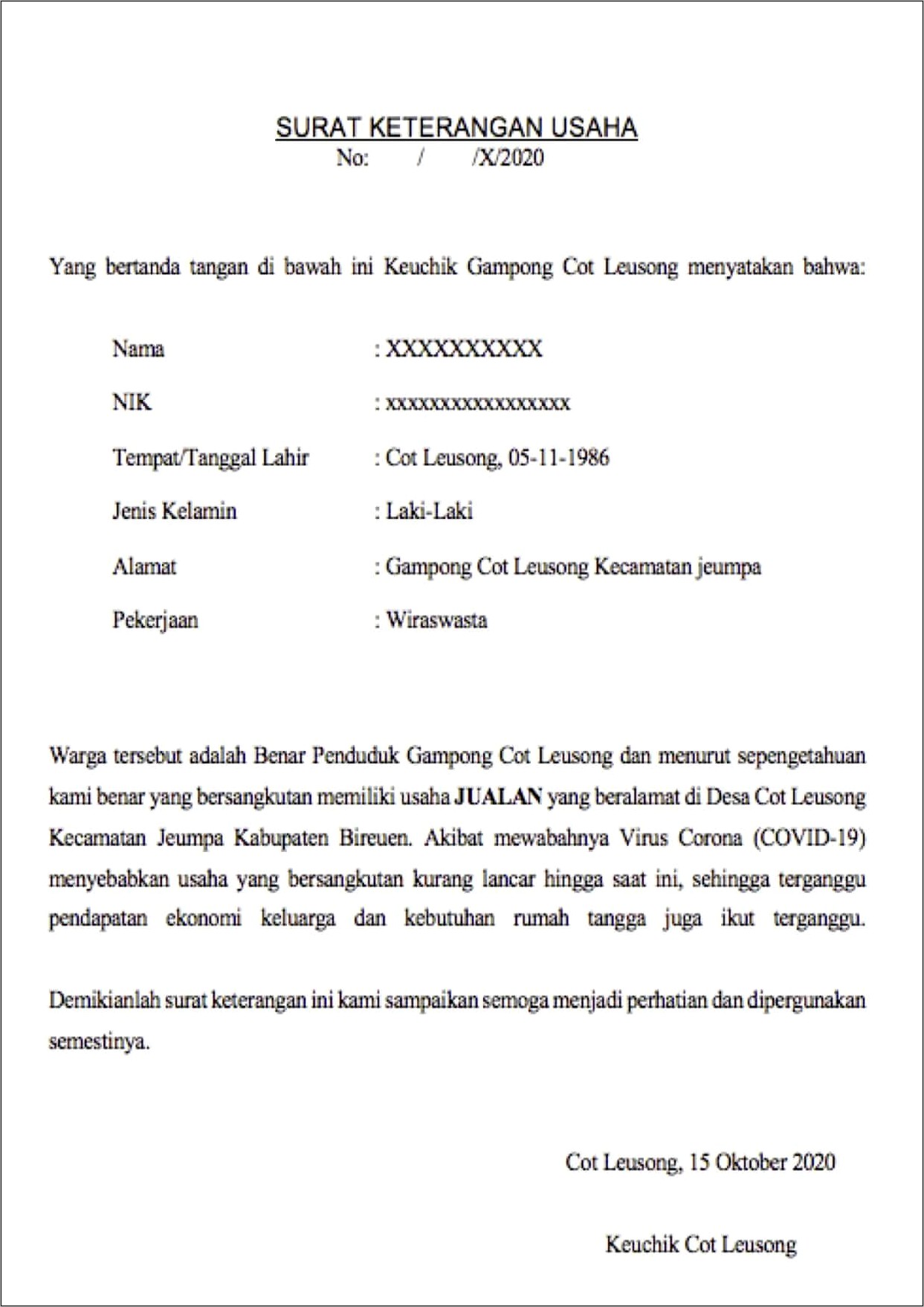 Contoh Surat Izin Tempat Usaha Doc