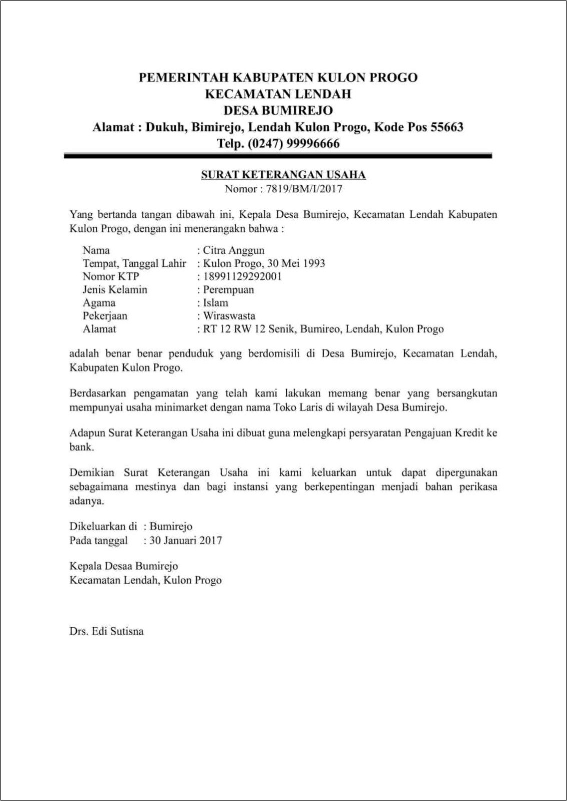 Contoh Surat Izin Tempat Usaha Provinsi