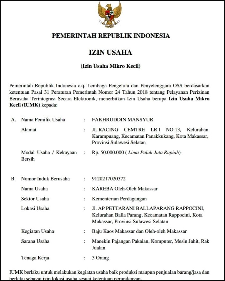 Contoh Surat Izin Tempat Usaha Siup