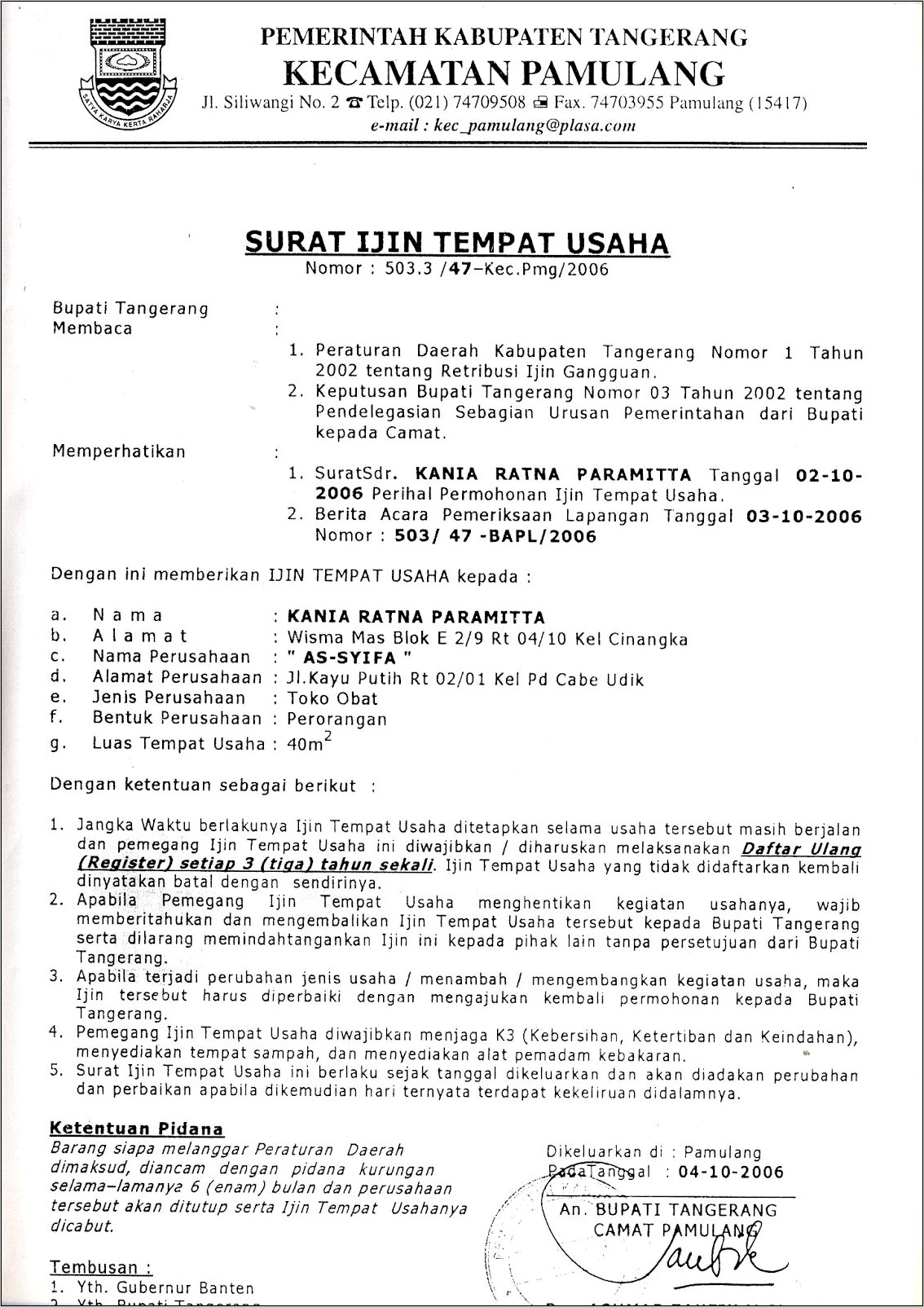 Contoh Surat Izin Tempat Usaha Toko Bangunan