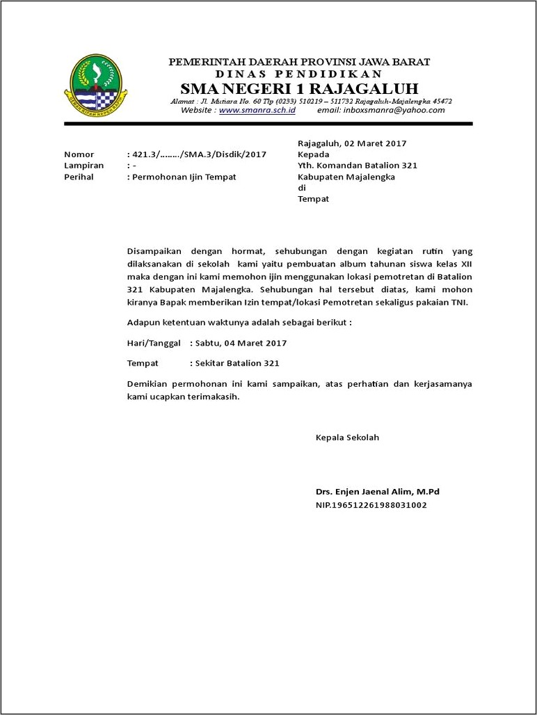 Contoh Surat Izin Tempet Sekolah Untuk Kegiatan