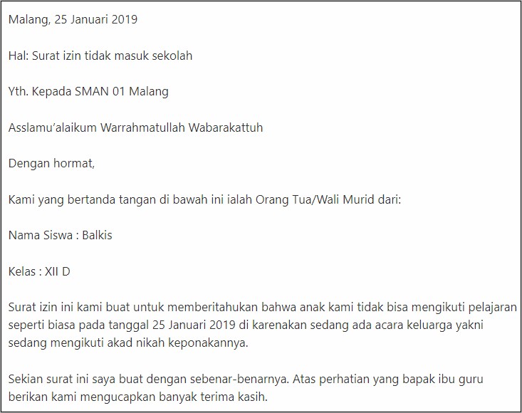 Contoh Surat Izin Tidak Berangkat Kuliah Bagi Karyawan