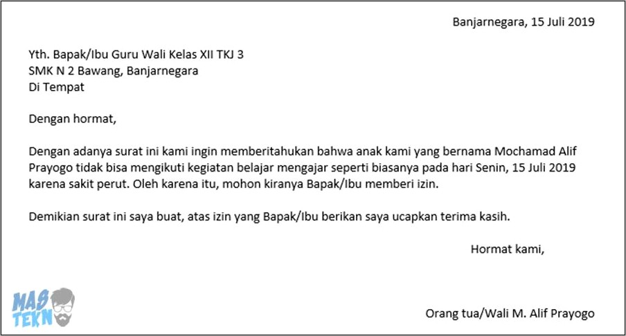 Contoh Surat Izin Tidak Berangkat Sekolah Karena Sakit