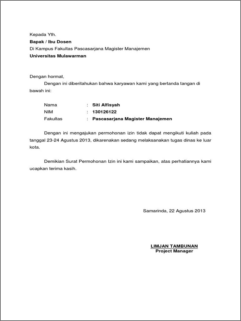 Contoh Surat Izin Tidak Ikut Kegiatan Kantor