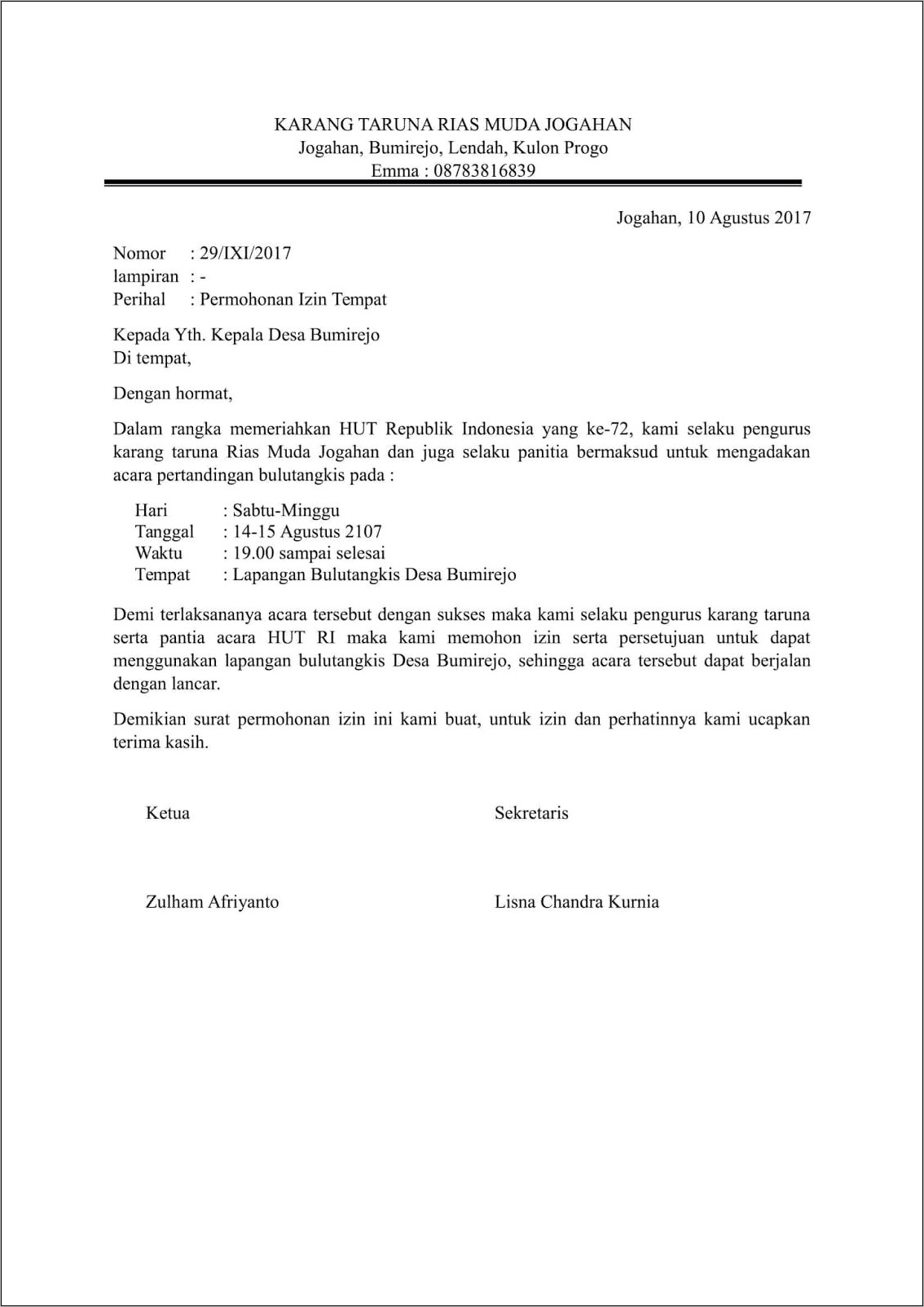 Contoh Surat Izin Tidak Masuk 17 Agustus Resmi