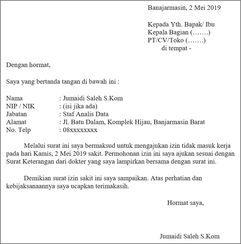 Contoh Surat Izin Tidak Masuk Kantor Karena Sakit