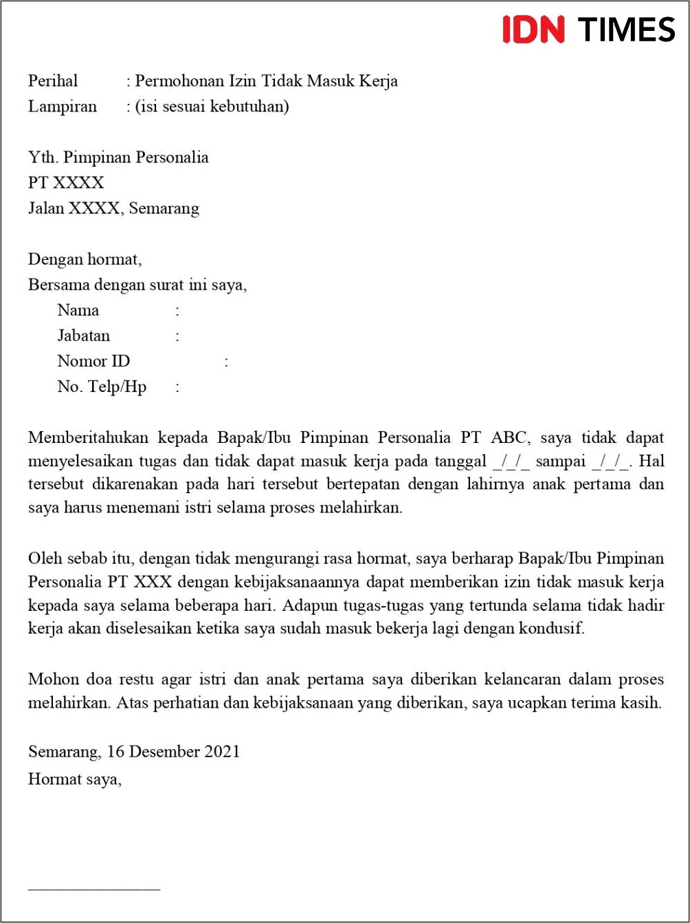 Contoh Surat Izin Tidak Masuk Kerja Untuk Kondangan