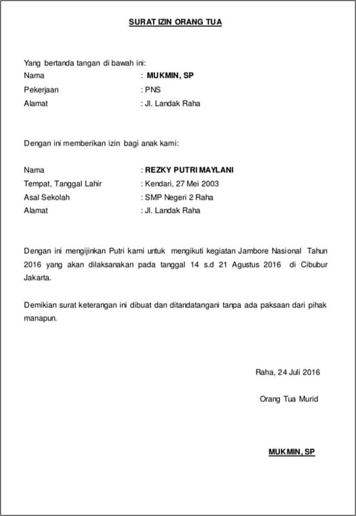 Contoh Surat Izin Tidak Masuk Kuliah Dari Org Tua