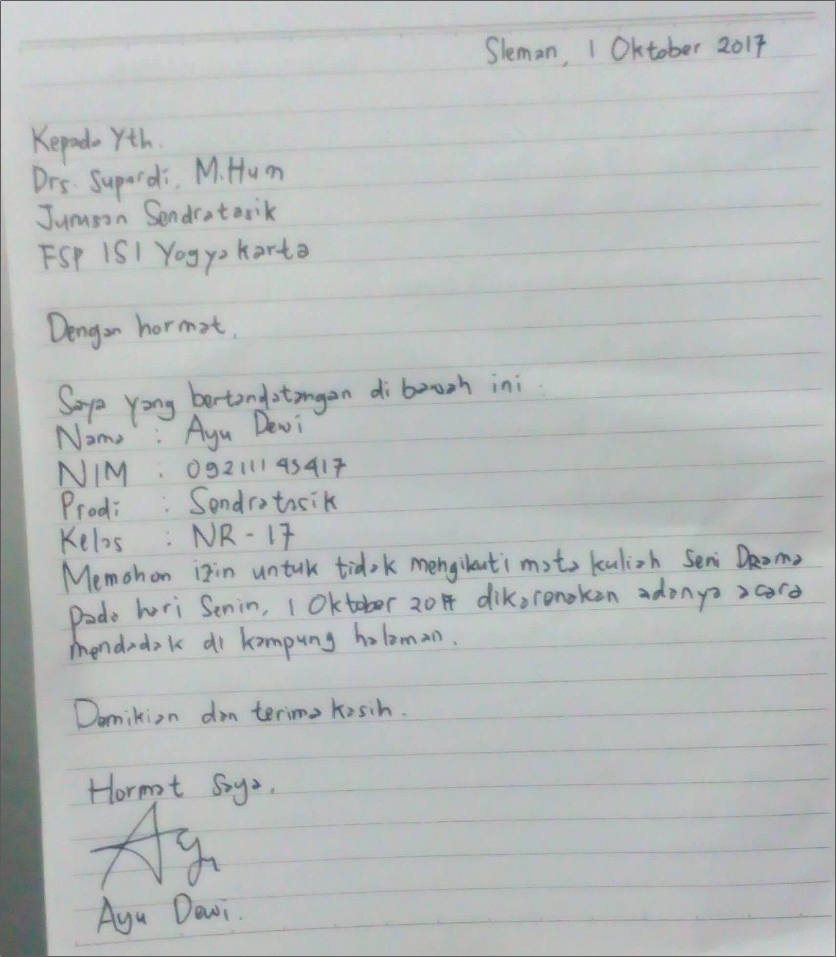 Contoh Surat Izin Tidak Masuk Kuliah Dari Organisasi