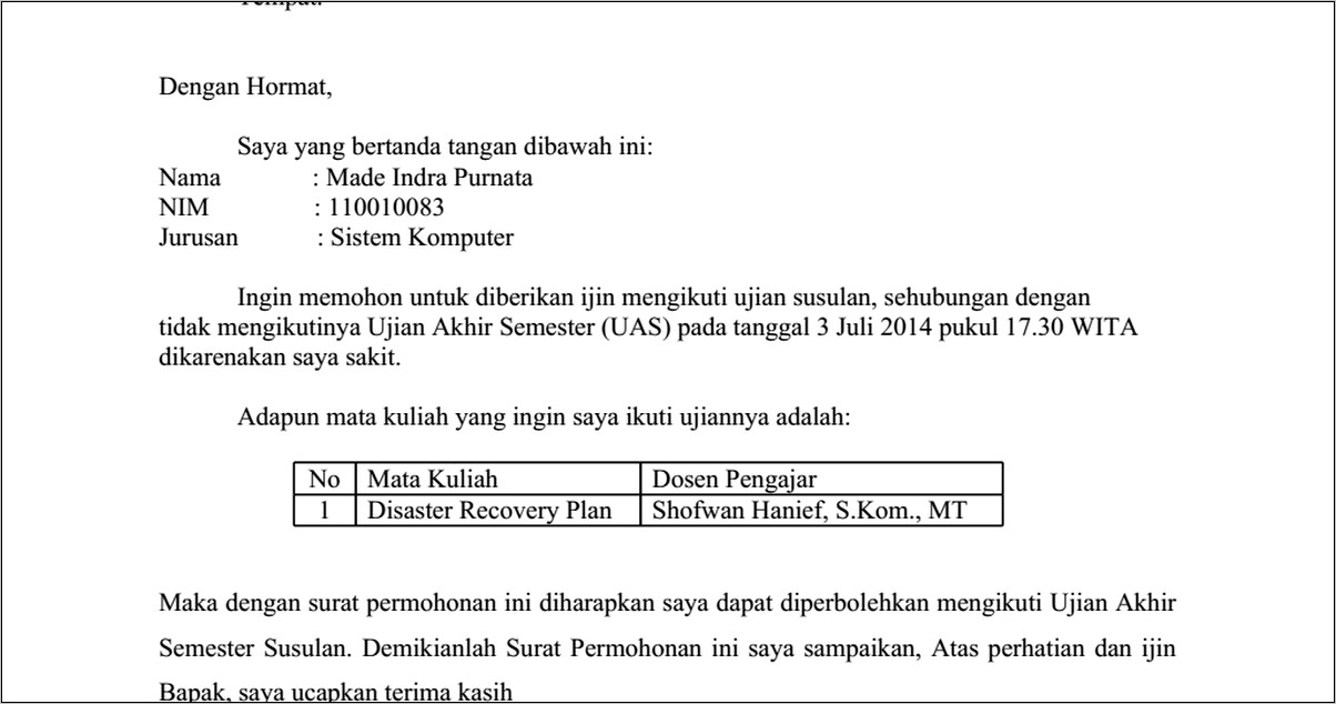 Contoh Surat Izin Tidak Masuk Kuliah Ujian Susulan Karena Sakit