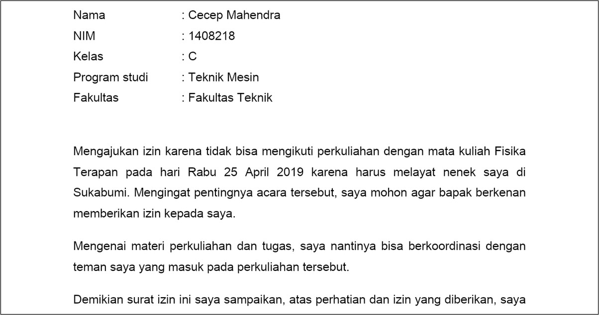 Contoh Surat Izin Tidak Masuk Mengajar Karena Acara Keluarga