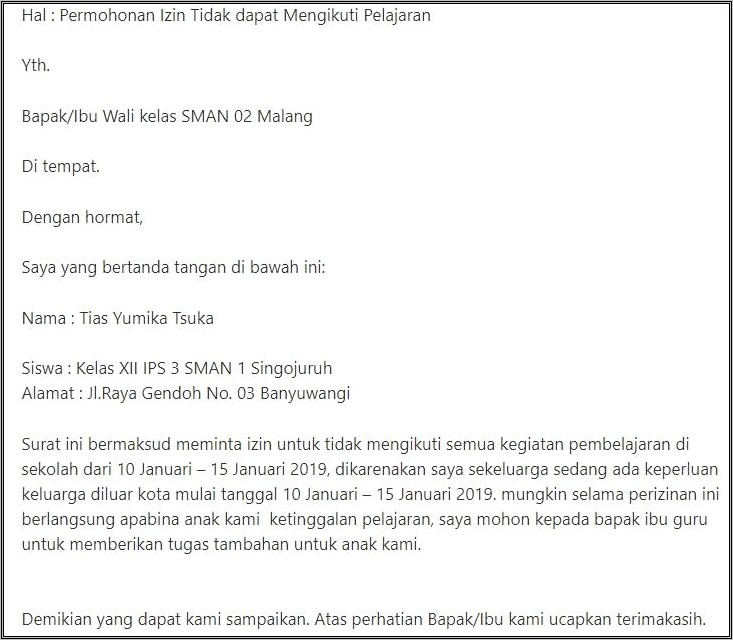 Contoh Surat Izin Tidak Masuk Prakerin Dikarenakan Sakit