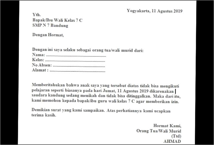 Contoh Surat Izin Tidak Masuk Sekolah Acara Keluarga