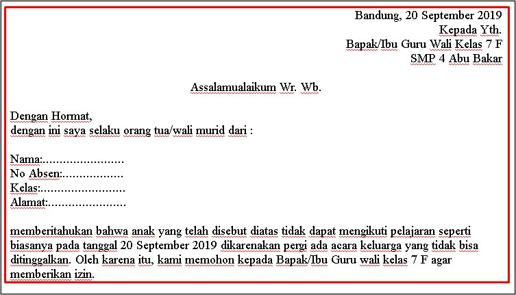 Contoh Surat Izin Tidak Masuk Sekolah Dari Anak Senddiri