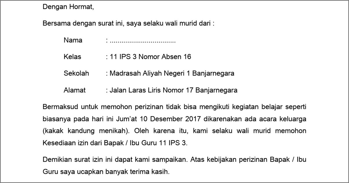 Contoh Surat Izin Tidak Masuk Sekolah Dikarenakan Ada Acara Keluarga