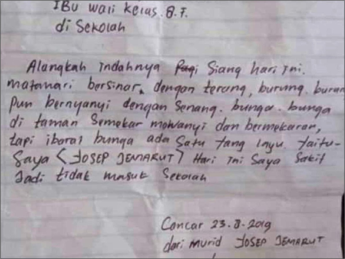 Contoh Surat Izin Tidak Masuk Sekolah Ditulis Sendiri