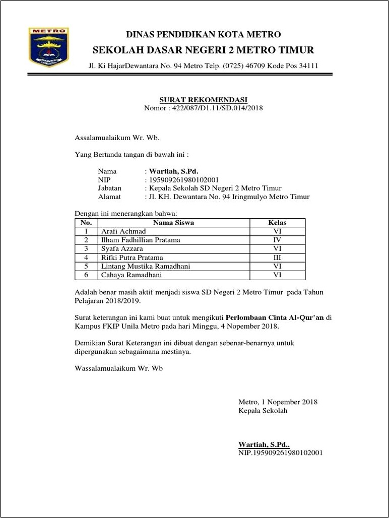 Contoh Surat Izin Tidak Masuk Sekolah Karena Mengikuti Turnamen