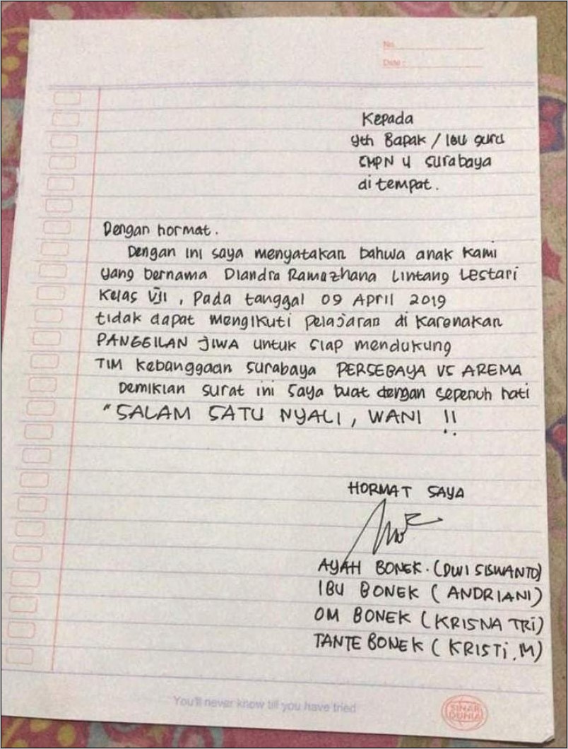 Contoh Surat Izin Tidak Masuk Sekolah Karena Sakit Dengan Salam