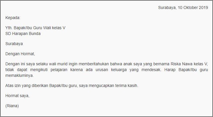 Contoh Surat Izin Tidak Masuk Sekolah Karena Sakit Untuk Sd