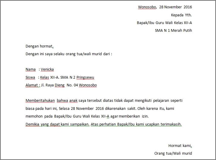 Contoh Surat Izin Tidak Masuk Sekolah Karena Sakit Untuk Smp