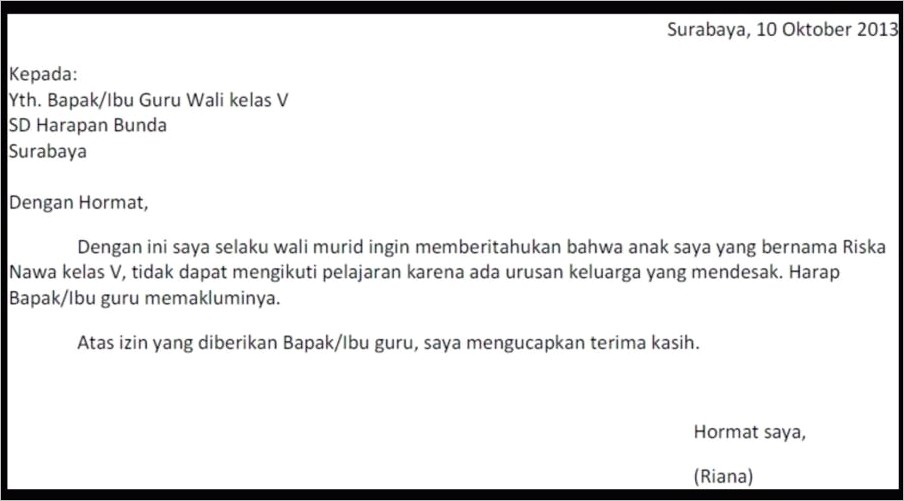 Contoh Surat Izin Tidak Masuk Sekolah Yang Singkat