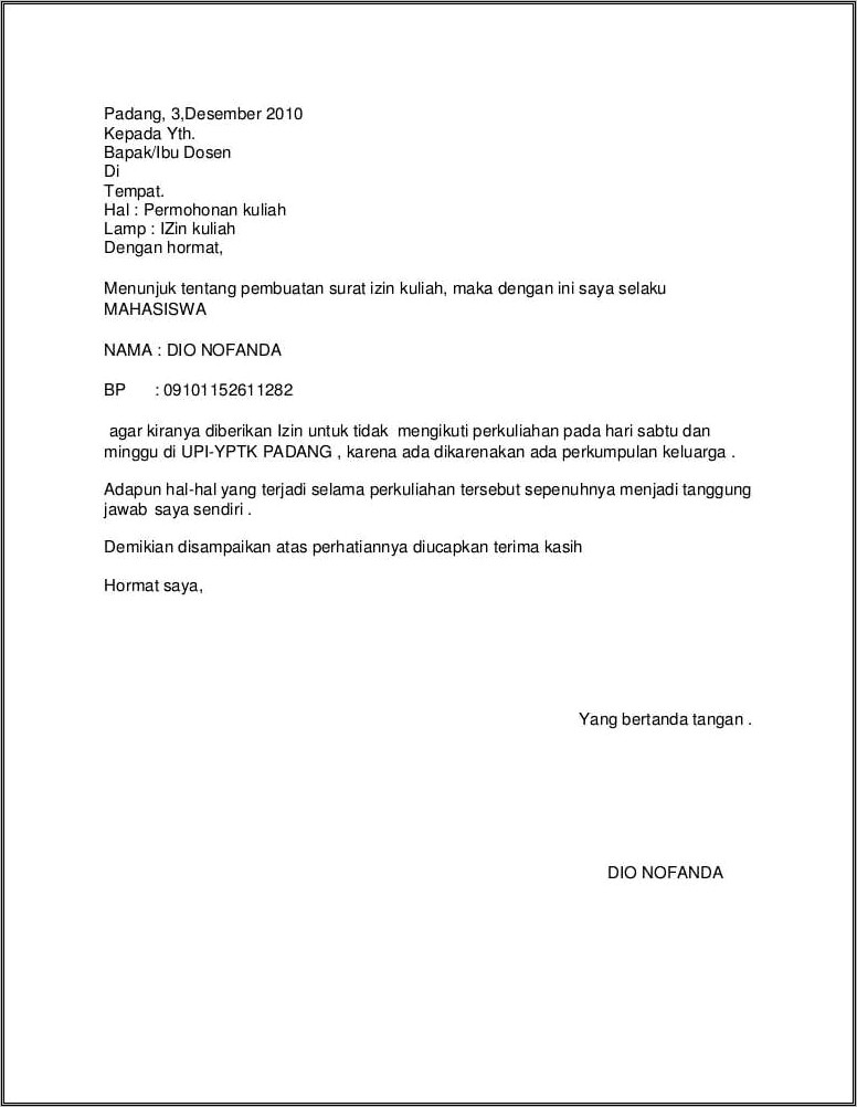 Contoh Surat Izin Tidak Masuk Upi Bandung