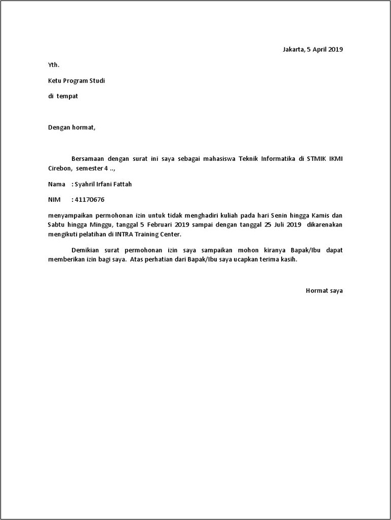 Contoh Surat Izin Tidak Mengikuti Diklat