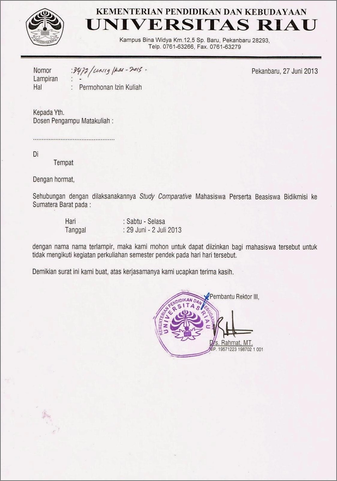 Contoh Surat Izin Tidak Mengikuti Kuliah Dengan Baik Dan Benar