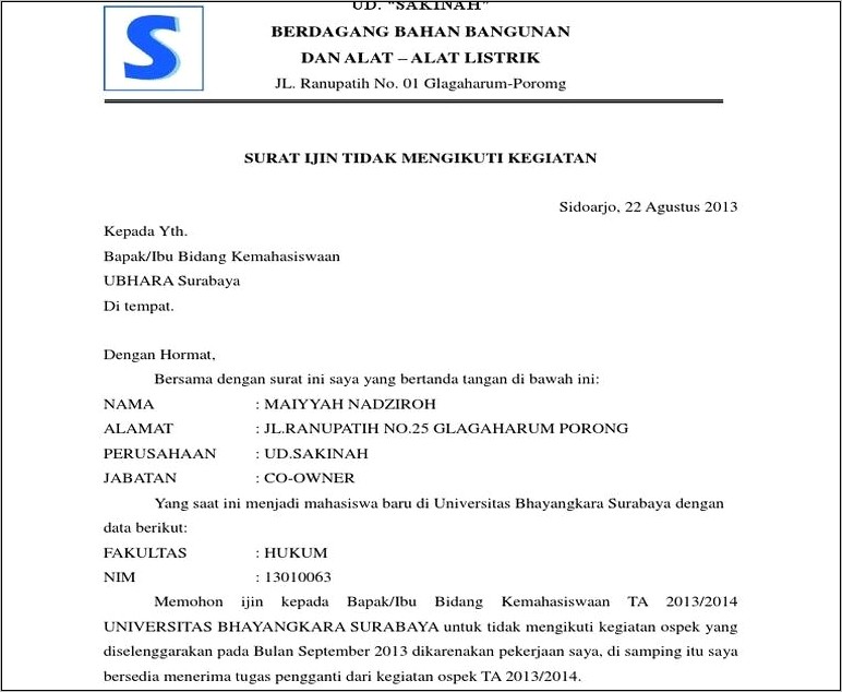 Contoh Surat Izin Tidak Mengikuti Ospek Dari Perusahaan