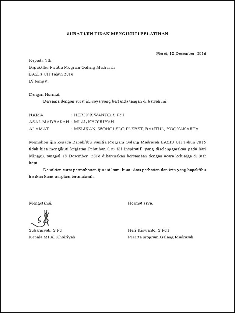 Contoh Surat Izin Tidak Mengikuti Pelatihan