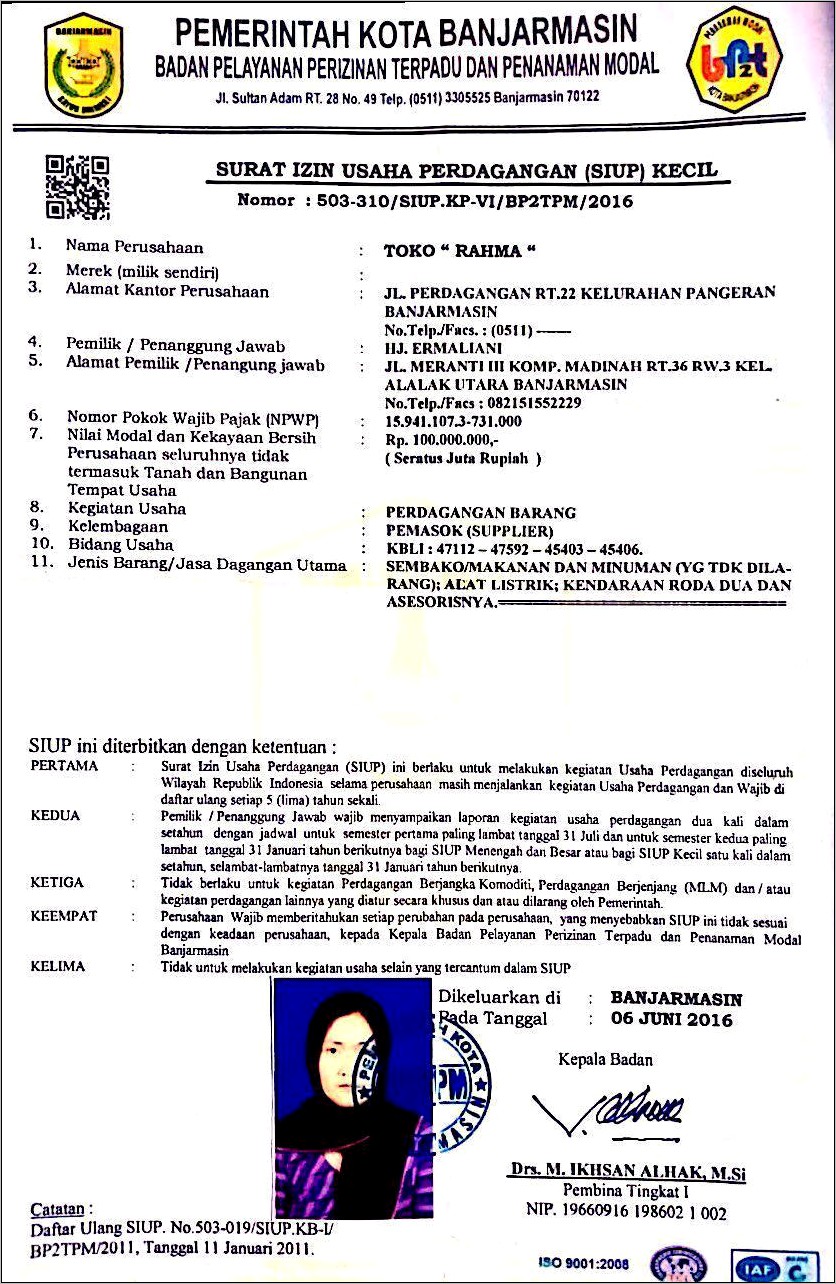 Contoh Surat Izin Usaha Dari Pemkot Banjarmasin