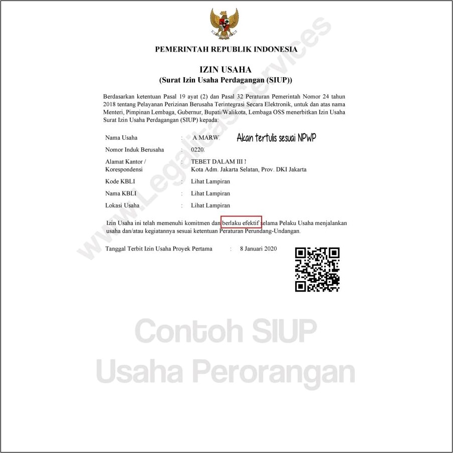 Contoh Surat Izin Usaha Perorangan