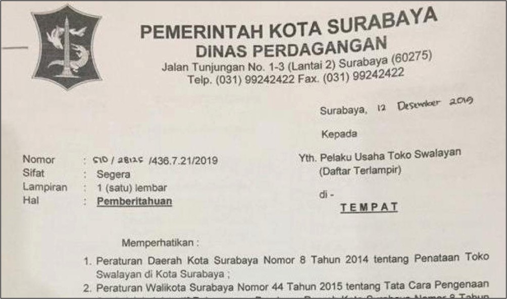 Contoh Surat Izin Usaha Toko