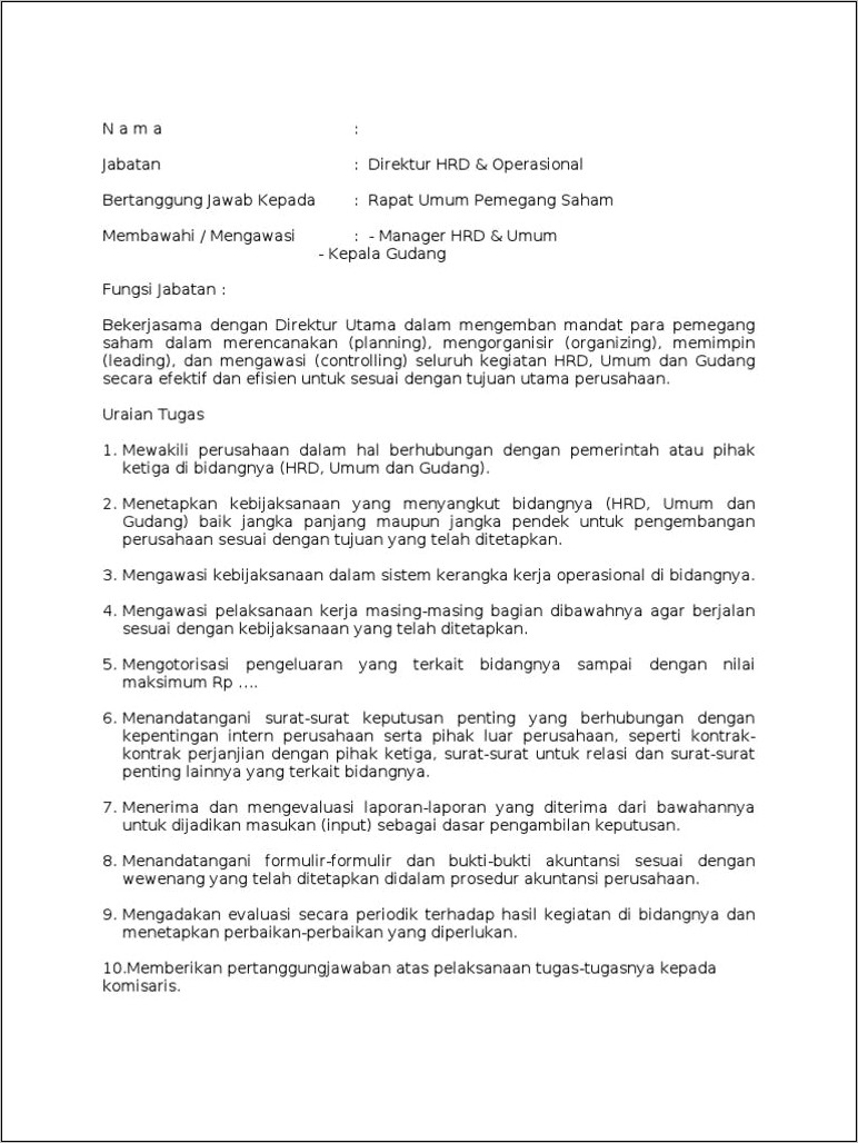 Contoh Surat Job Desk Komisaris Perusahaan