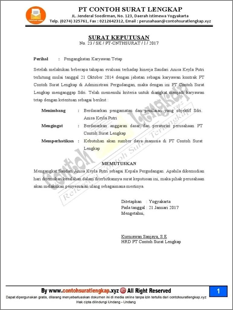 Contoh Surat Karyawan Tetap Perusahaan - Surat Perusahaan : Desain ...