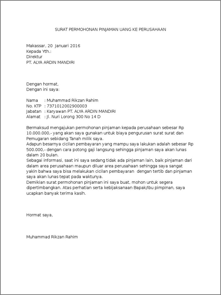 Contoh Surat Kasbon Ke Perusahaan