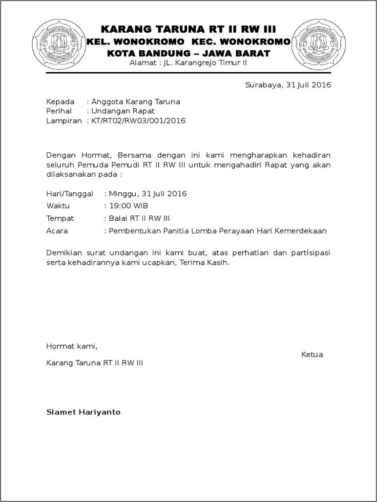 Contoh Surat Kegiatan Undangan Karang Taruna