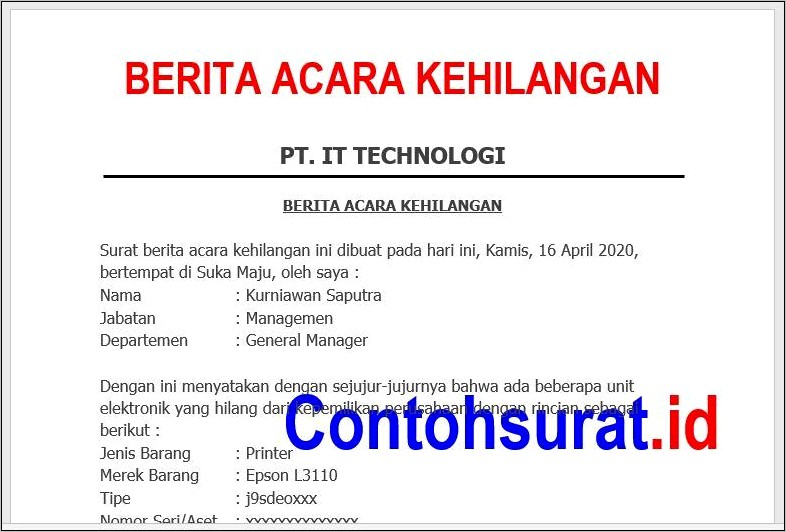 Contoh Surat Kehilangan Dari Perusahaan