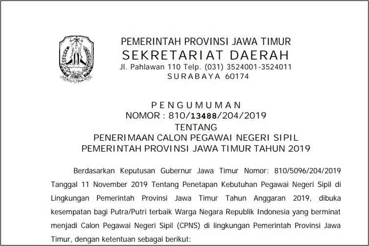 Contoh Surat Keluar Dinas Pemerintah Provinsi Jawa Timur